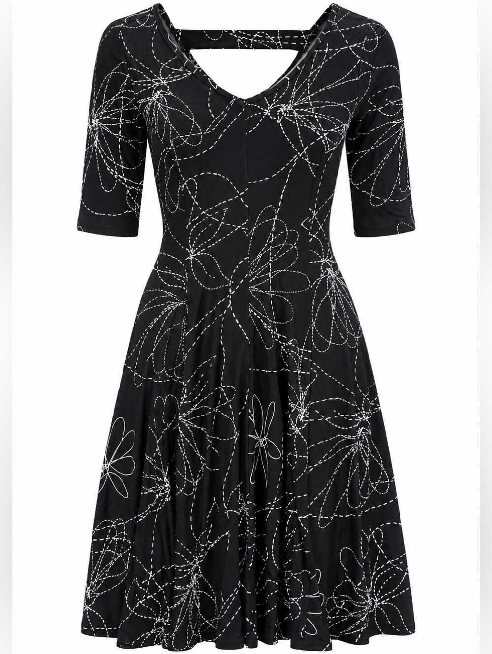 Bali Black Short Sleeve A-line Embroidered Abstract Stitched Jersey Art Dress 6